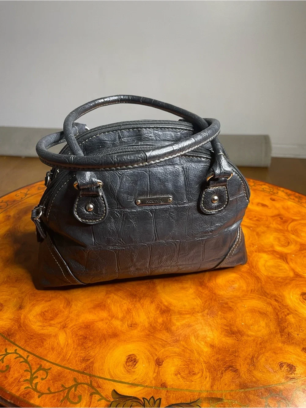 Croc-Embossed Dome Satchel in Black by No Brand
